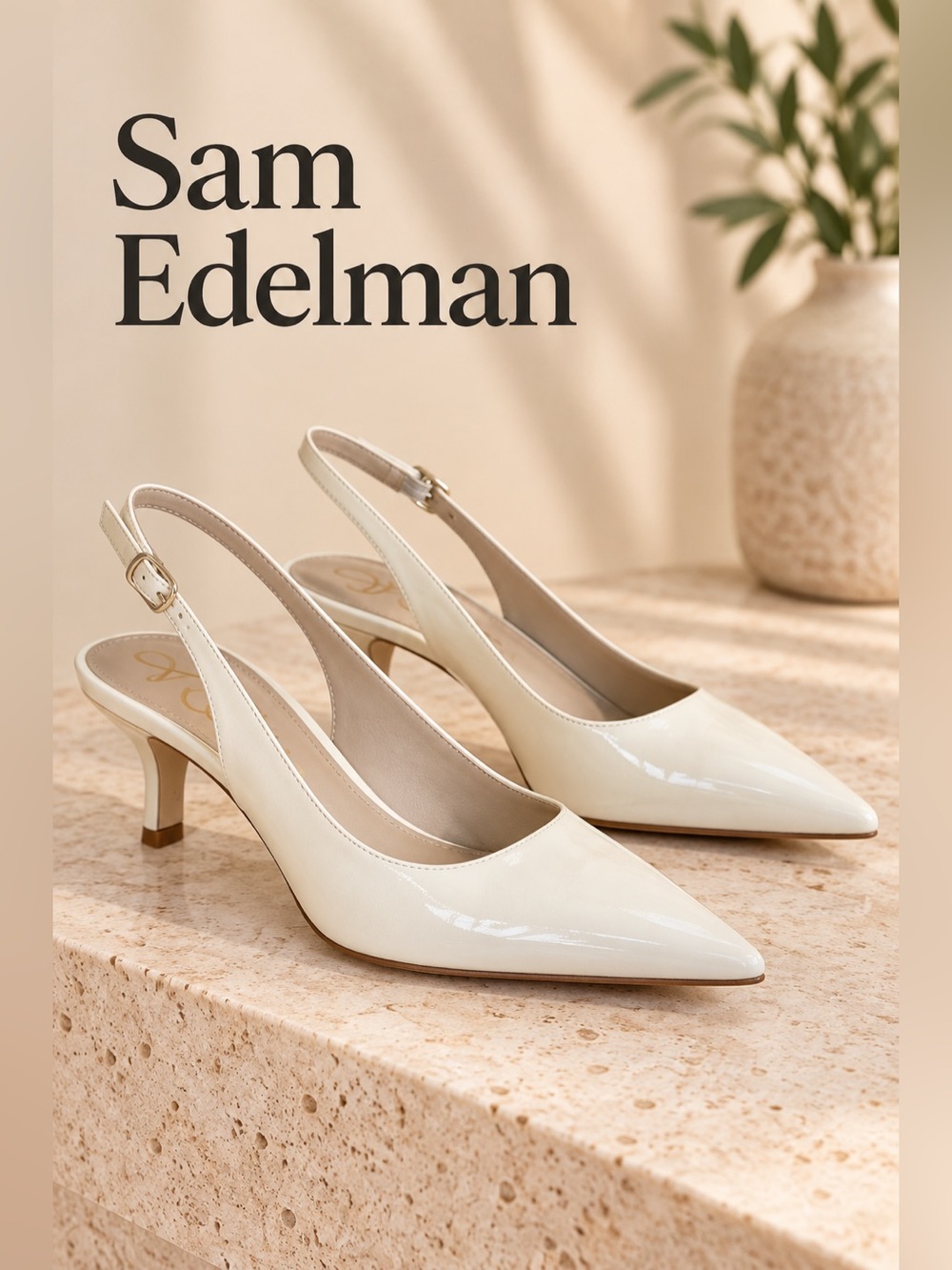 Sam Edelman Cream Patent Pointed Toe Slingback Kitten Heel Pumps Size 6